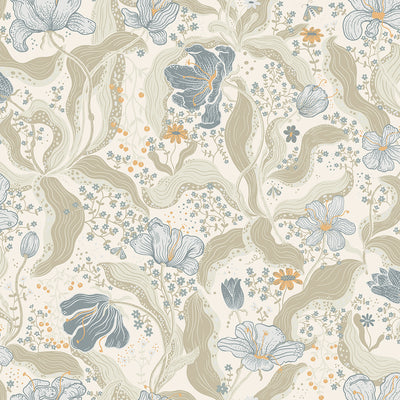 Bring new life to your interiors with this charming, Arts & Crafts-inspired floral. Whimsical blue tulips burst into bloom atop sage green stems, the off-white backdrop dotted with diminutive blue flowers and golden ochre berries. Bodri is an unpasted, non woven wallpaper. Bodri Light Blue Tulip Garden Wallpaper