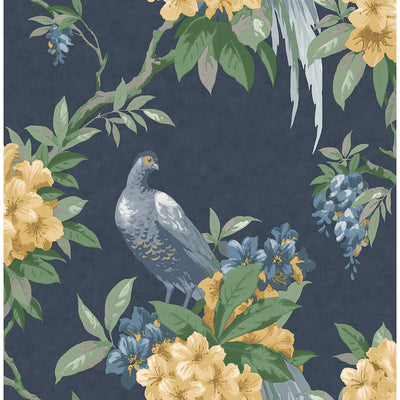 Golden Pheasant Dark Blue Floral Wallpaper