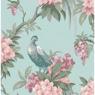 Golden Pheasant Aqua Floral Wallpaper