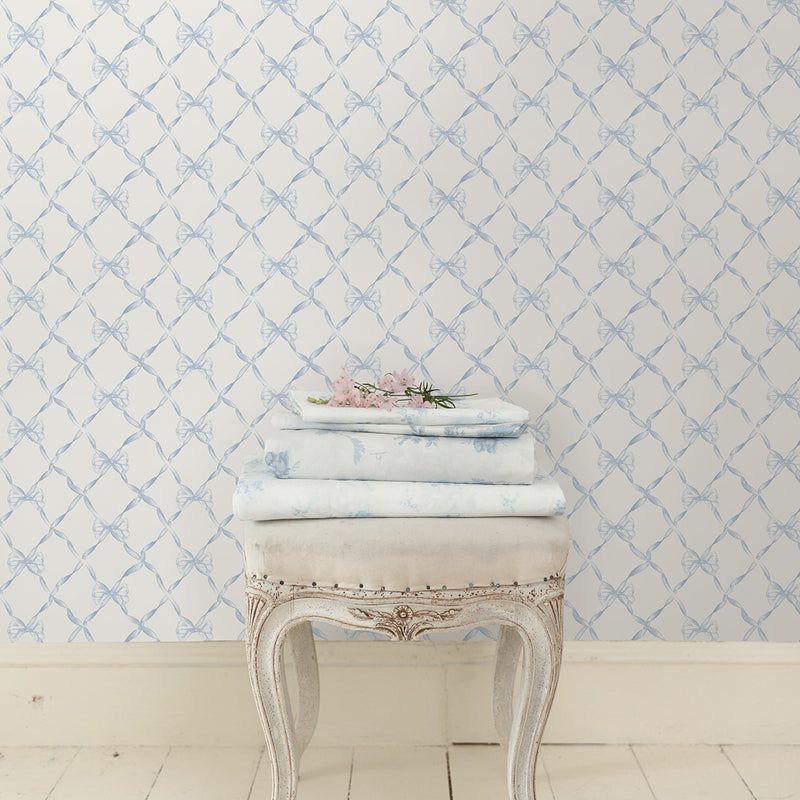 Baby Bow Light Blue Ribbon Trellis Wallpaper