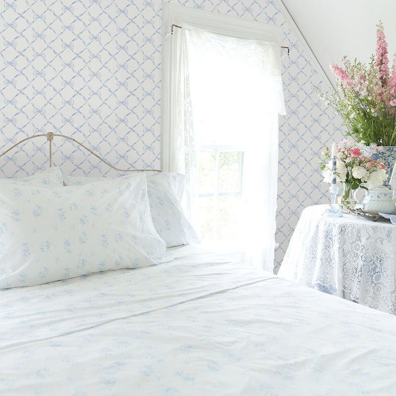 Baby Bow Light Blue Ribbon Trellis Wallpaper Loveshackfancy
