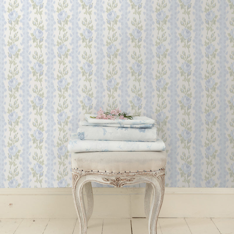 Blooming Heirloom Light Blue Rose Stripe Wallpaper