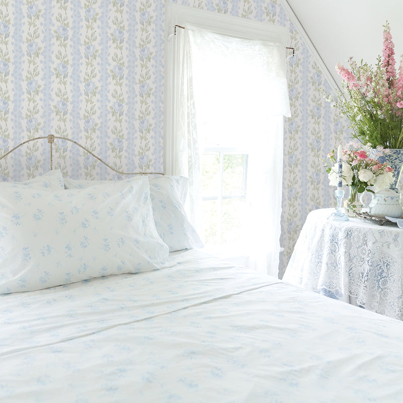 Blooming Heirloom Light Blue Rose Stripe Wallpaper