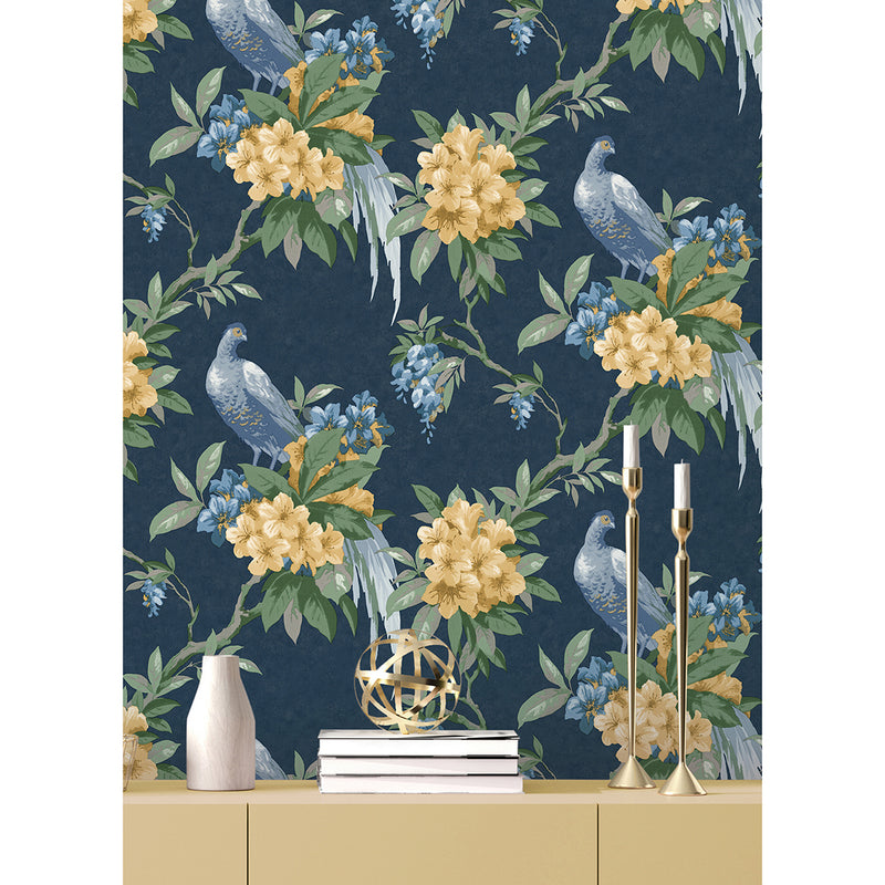 Golden Pheasant Dark Blue Floral Wallpaper