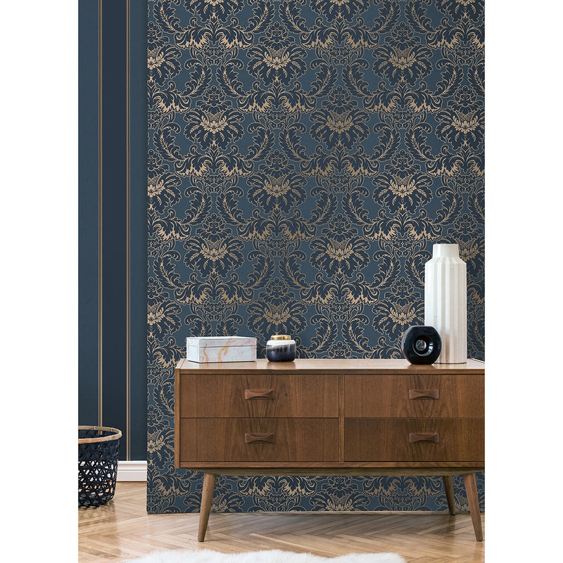 Windsor Blue Damask Wallpaper