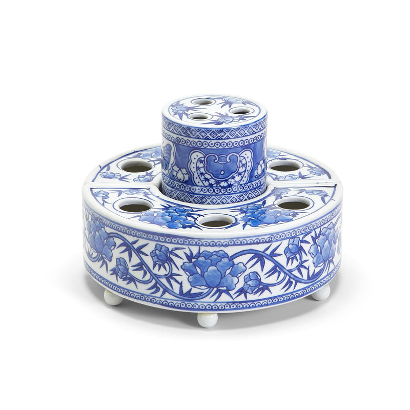 Blue and White Pavilion 3 Pc Hand-Painted Floral Arranger Set