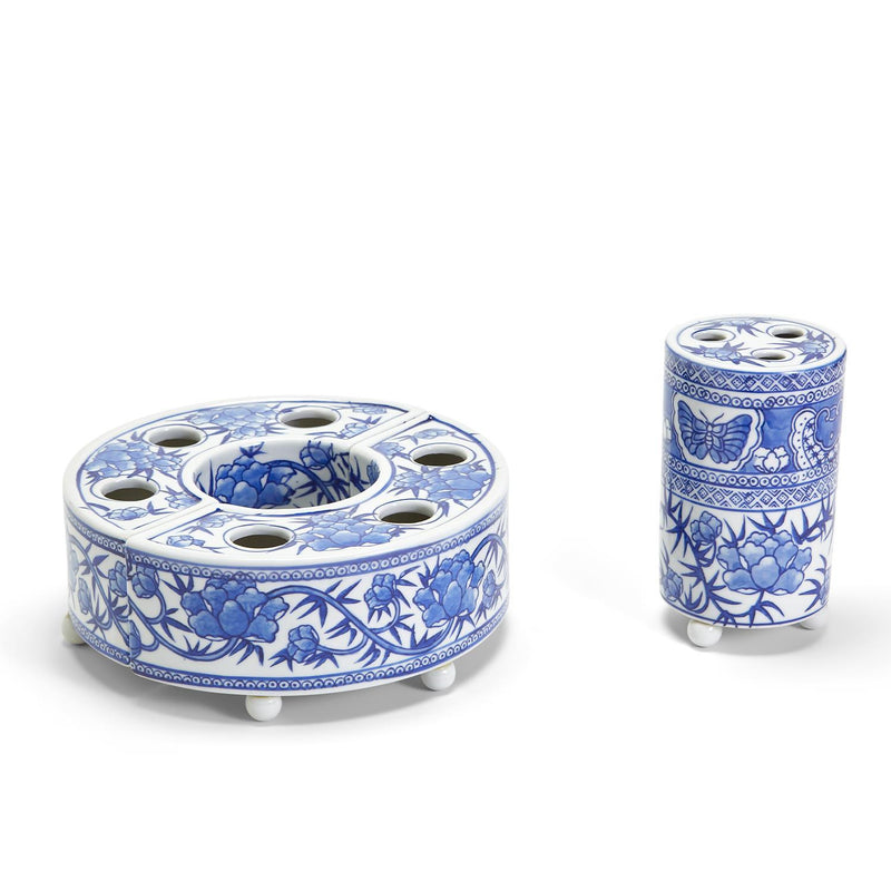 Blue and White Pavilion 3 Pc Hand-Painted Floral Arranger Set